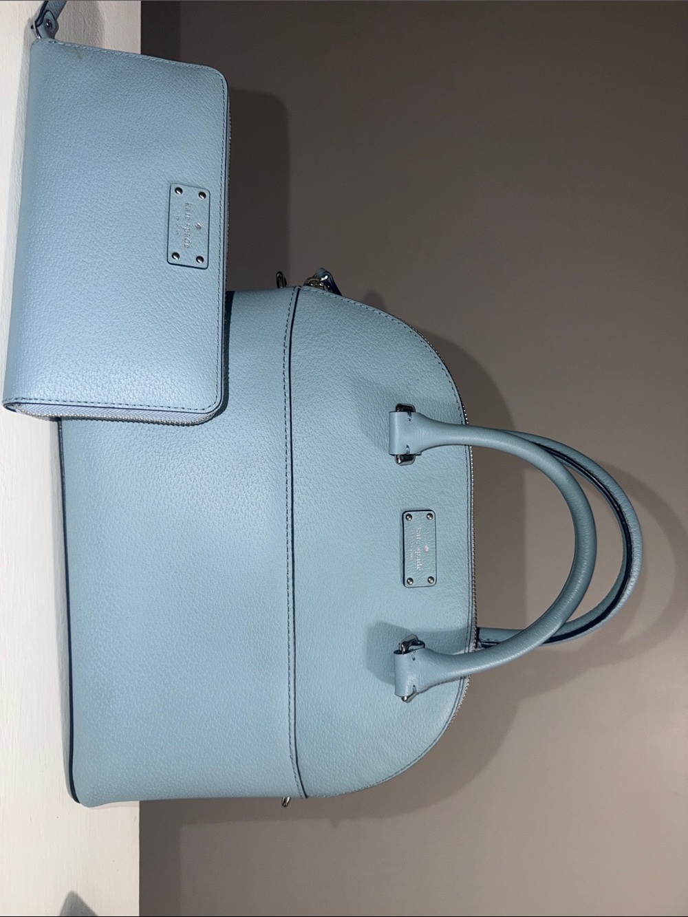 Light Blue Leather Satchel Handbag with Wristlet